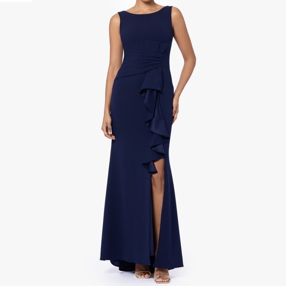 Betsy & Adam. Christine Scuba Crepe Ruffled Bow Gown. - Picture 1 of 13